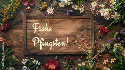 Passend zu Pfingsten: Ein Holzschild mit der Aufschrift "Frohe Pfingsten!" auf einem Holztisch, umgeben von Blumen. 