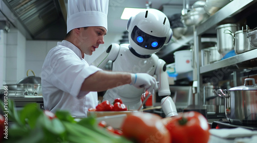 Chef with cooking robot assistant in restaurant future concept.