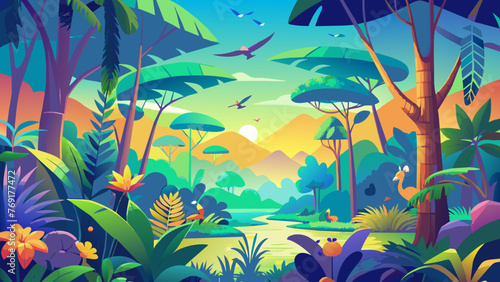 Jungle landscape with dinosaurs and lush vegetation