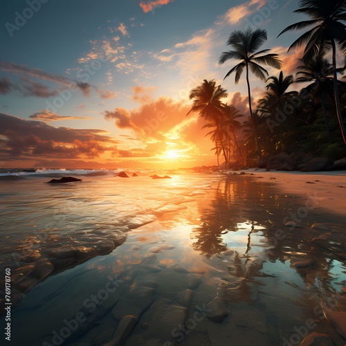 A tropical beach at sunrise. 
