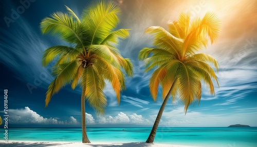 Tropical Paradise: Two Palm Trees on Beach Facing the Ocean