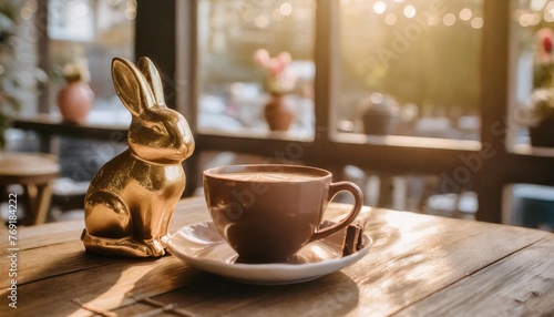 coffee cup with chocolate bunny on wooden table in coffee shop chocolate easter bunny sitting beside coffee latted
