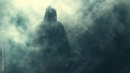 Creepy figure cloaked in a hood stands amidst the swirling, mystical fog of death.