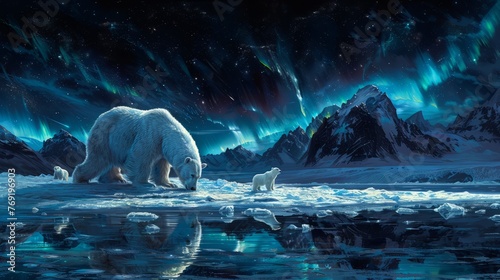 Polar bear and cub wade in icy waters under the aurora borealis