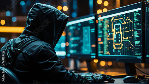 hacker man on computer, hacker in hoodie, cybercrime concept , cyber security