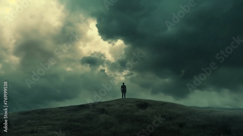 Image of lone figure under a sky heavy with dark clouds.