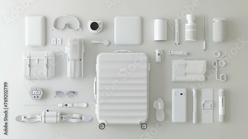A flat lay of a white suitcase and traveler's accessories against a bright white background presents a minimalist travel concept in 3D rendering