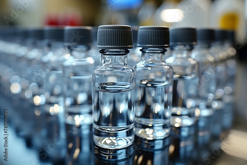 A stack of plastic bottles filled with mineral water, arranged on a table as drinkware. Each bottle holds refreshing drinking water, ready to quench your thirst