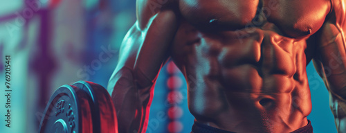 Muscular Torso of a Man Holding Dumbbell in Gym, Spotlight on Fitness