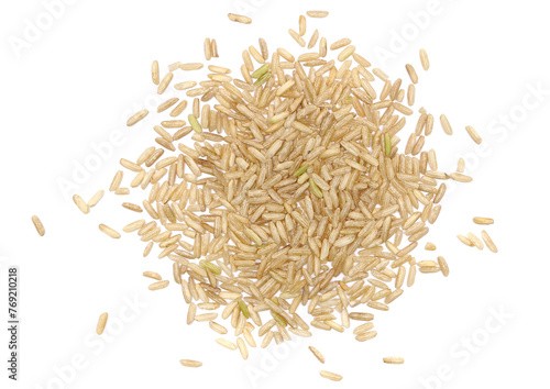 Brown rice, uncooked and hulled, isolated on white, top view