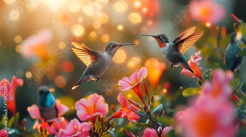 Two hummingbirds hover above a pink flower field, pollinating as they go