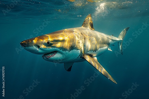 A Lamnidae shark, known as the great white, gracefully swims underwater in its natural marine habitat. Its fin cuts through the water among other cartilaginous fish