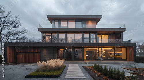Stylish Contemporary House Facade Basks in Soft Overcast Light, Showcasing Innovative Design and Elegance