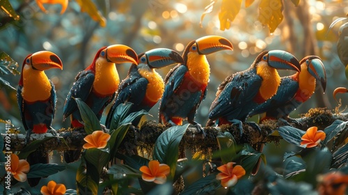 Group of toucans perched on tree branch in natural landscape