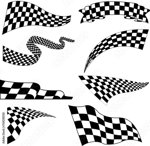 Vector black and white checkered auto racing flags and finishing tape vector set