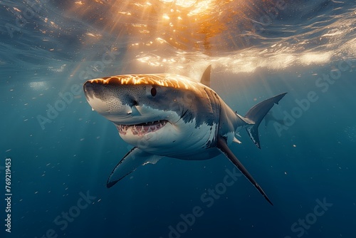 A member of the Lamnidae family, the great white shark, a cartilaginous fish, is gracefully swimming in the liquid environment of the ocean