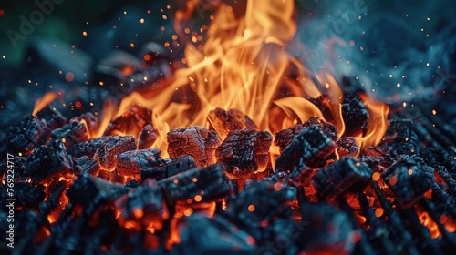 Fiery Barbecue: Abstract Background of Burning Flames on Black Coal Grill