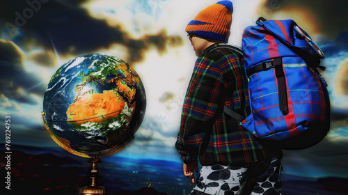 Dreamy Wanderlust: Traveler with Backpack and Vintage Globe in Soft Focus Background