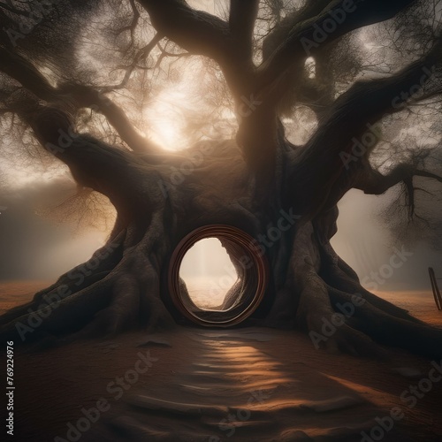 A mysterious portal hidden within an ancient tree, glowing with otherworldly light1
