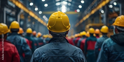 Transition of Workers in Helmets and Uniforms at a Factory During Shift Change. Concept Factory workers, Helmets, Uniforms, Shift change, Industrial environment