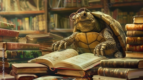 Wise old turtle with glasses deeply engrossed in a classic novel
