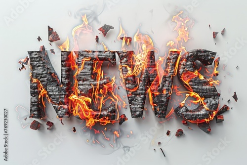 The word news is depicted in fiery flames and shattered glass, symbolizing the chaotic and destructive nature of news in modern society