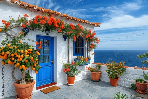 A charming white house adorned with vibrant orange flowers and boasting striking blue doors, creating a picturesque scene