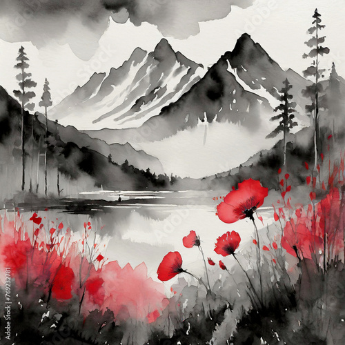 붉은꽃이 핀 흑백의 풍경화