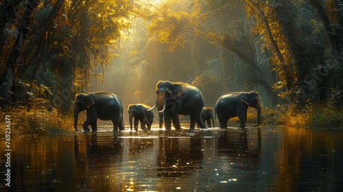 Elephants in a natural landscape drinking water from a river