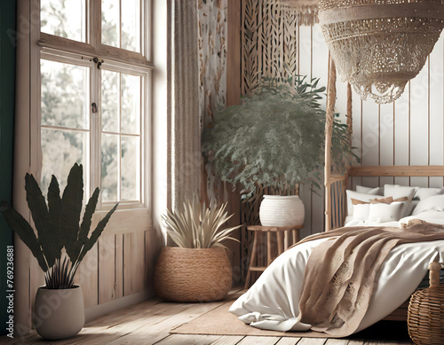 Country wooden bedroom close up in boho style in white and beige tones. Bed, hanging chair. Generative AI.