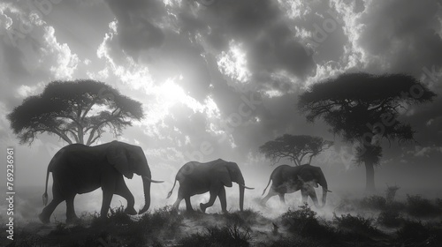 Monochrome photo of three elephants in grassland under cloudy sky