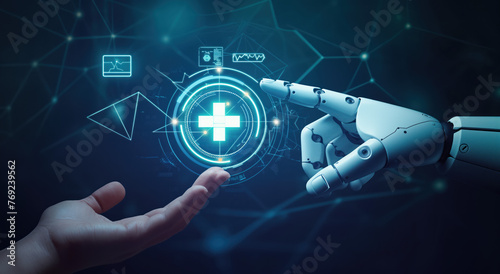 Robot hand ai artificial intelligence assistance for medical healthcare practices. Health AI and technology concept.