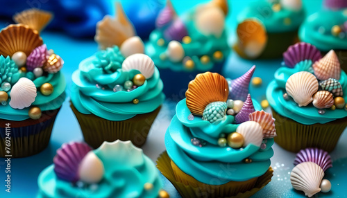 A close-up of mermaid themed cupcakes with blue frosting and seashell decorations