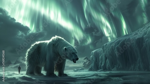 A carnivore polar bear in a dark snowy landscape under the aurora borealis