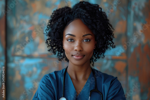 Una mujer negra de 32 años con cabello natural, que viste un uniforme de enfermera porque es enfermera registrada.