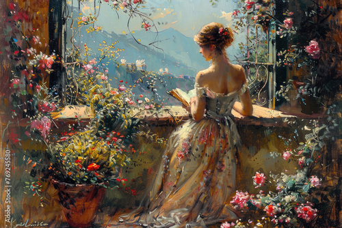 Una pintura vintage de una joven sentada en una ventana abierta leyendo un libro, con flores en el jardín trasero. La escena transmite una sensación romántica y hermosa.