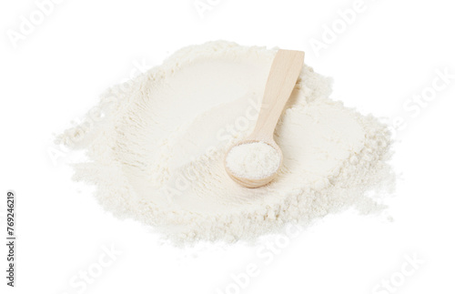 Baking powder and spoon isolated on white