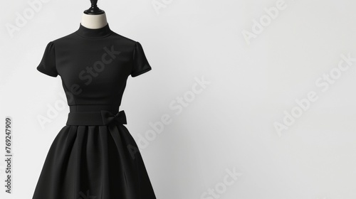 Stylish and chic little black dress mockup on a mannequin against a white background. Ideal for promoting your formal and elegant clothing collection.