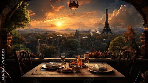 A person enjoying a meal with a scenic backdrop