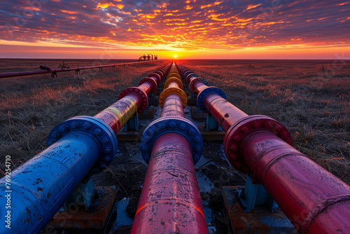 A photograph of an oil pipeline, sunset sky, the sky is vibrant and colorful, creating a breathtaking backdrop for the scene, low angle shot, wide angle lens, cinematic photography style...