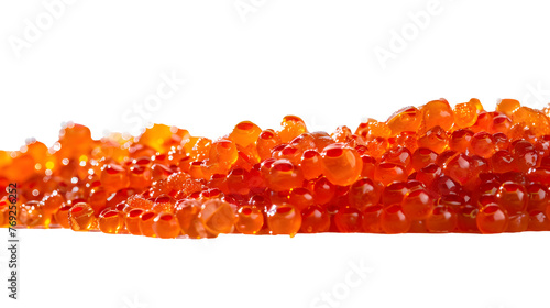 Red salmon caviar in white background. Copy space. Top view.