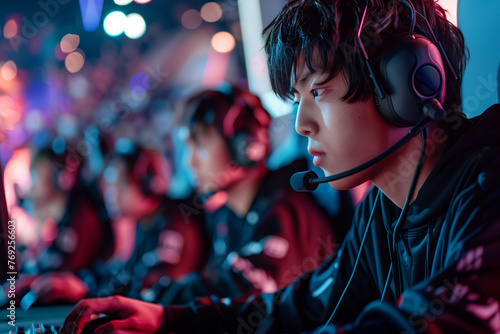 Japanese pro gamers playing online e-games in online tournament.
