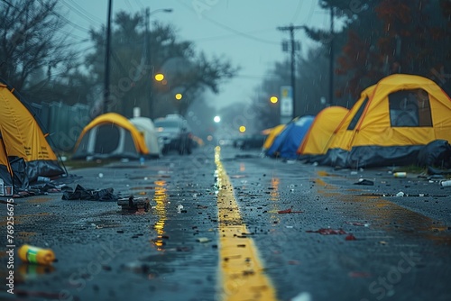 A gloomy, rain-soaked street lined with tents and scattered trash represents the struggle of homelessness