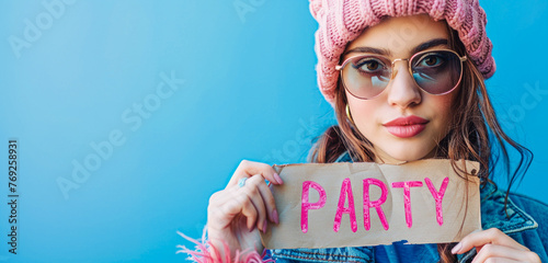 Influencer in pink beanie and sunglasses announces a vibrant party with a 'PARTY' banner, against a blue background.