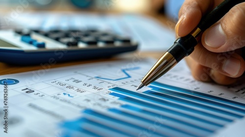 Depicts a financial audit in progress,with a person carefully reviewing financial documents and data using a calculator and pen The scene highlights the importance of ensuring