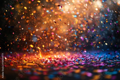 Colorful confetti strewn across a surface with warm, golden bokeh lights in the background creating a festive ambiance