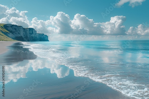 A pristine beach with clouds reflected in the calm sea and white cliffs in the background capture nature's tranquility