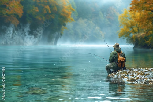 A lone fisherman immerses in tranquility while fishing by a serene river surrounded by autumn foliage