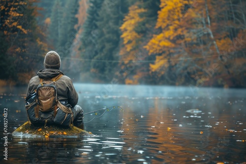 Surrounded by the quiet of a misty autumn morning, a thoughtful fisherman sits engaged in his peaceful pursuit, amidst the natural beauty of a tranquil forest lake