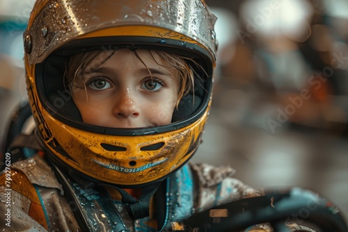 Young child racer with a wet helmet looks pensive in a rainy setting, showing determination and resilience